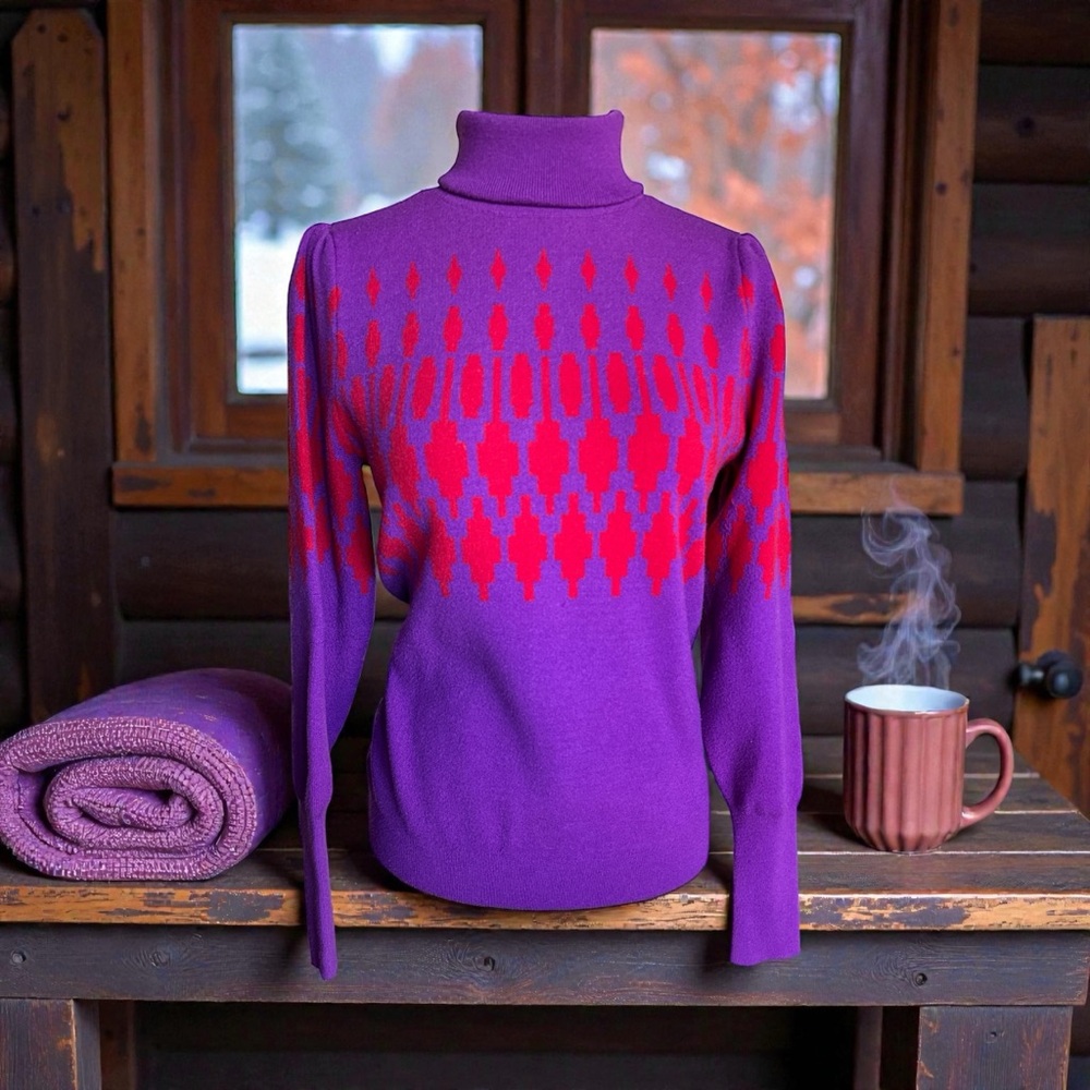 Ann Taylor Fair Isle Turtleneck Sweater Small Purple Red‎ Knit Winter Cozy
